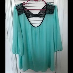 Turquoise and Black sheer top- Plus Size